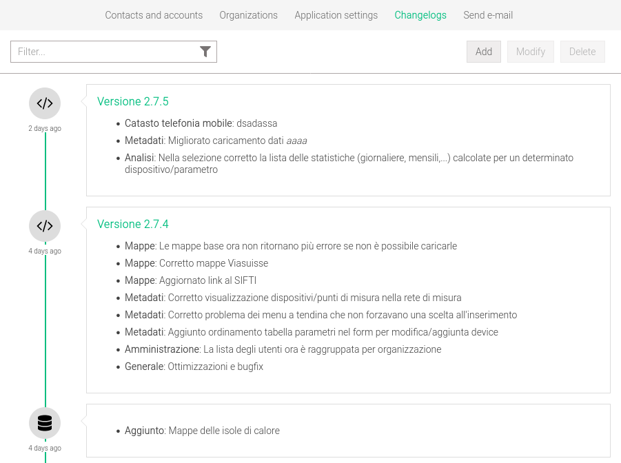 Changelogs on the administrator panel