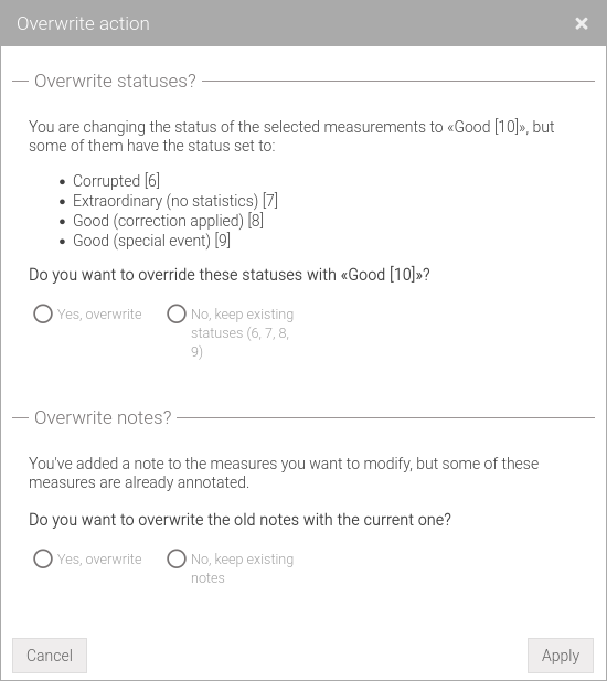 Status and note overwrite warning