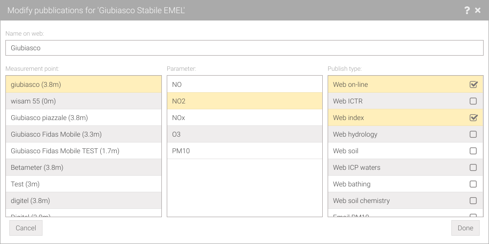 Modify publications window with publish type active