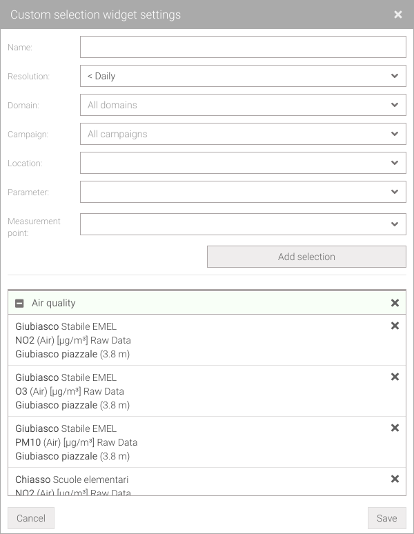 Widget: custom selections settings